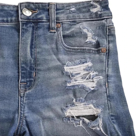 American Eagle Jean Shorts Hi-Rise Shortie Blue Denim Super Stretch Distressed 8 - Picture 2 of 10